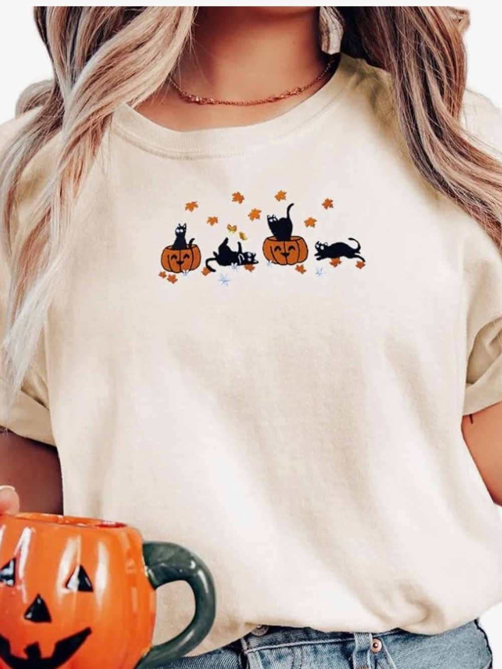 Sewn embroidered Halloween Cats Graphic Tee -